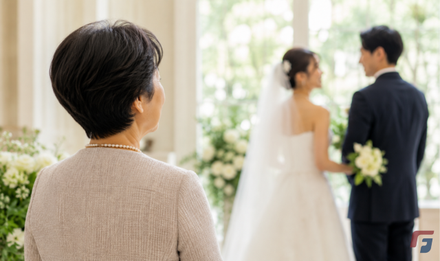 娘の結婚式を見守る母親